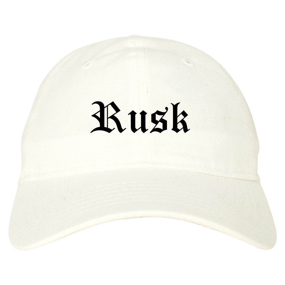 Rusk Texas TX Old English Mens Dad Hat Baseball Cap White