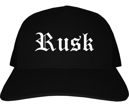 Rusk Texas TX Old English Mens Trucker Hat Cap Black