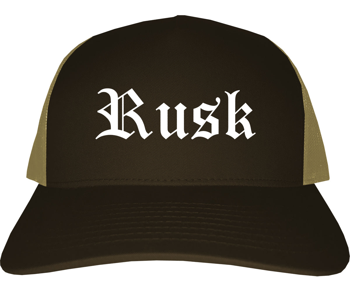 Rusk Texas TX Old English Mens Trucker Hat Cap Brown