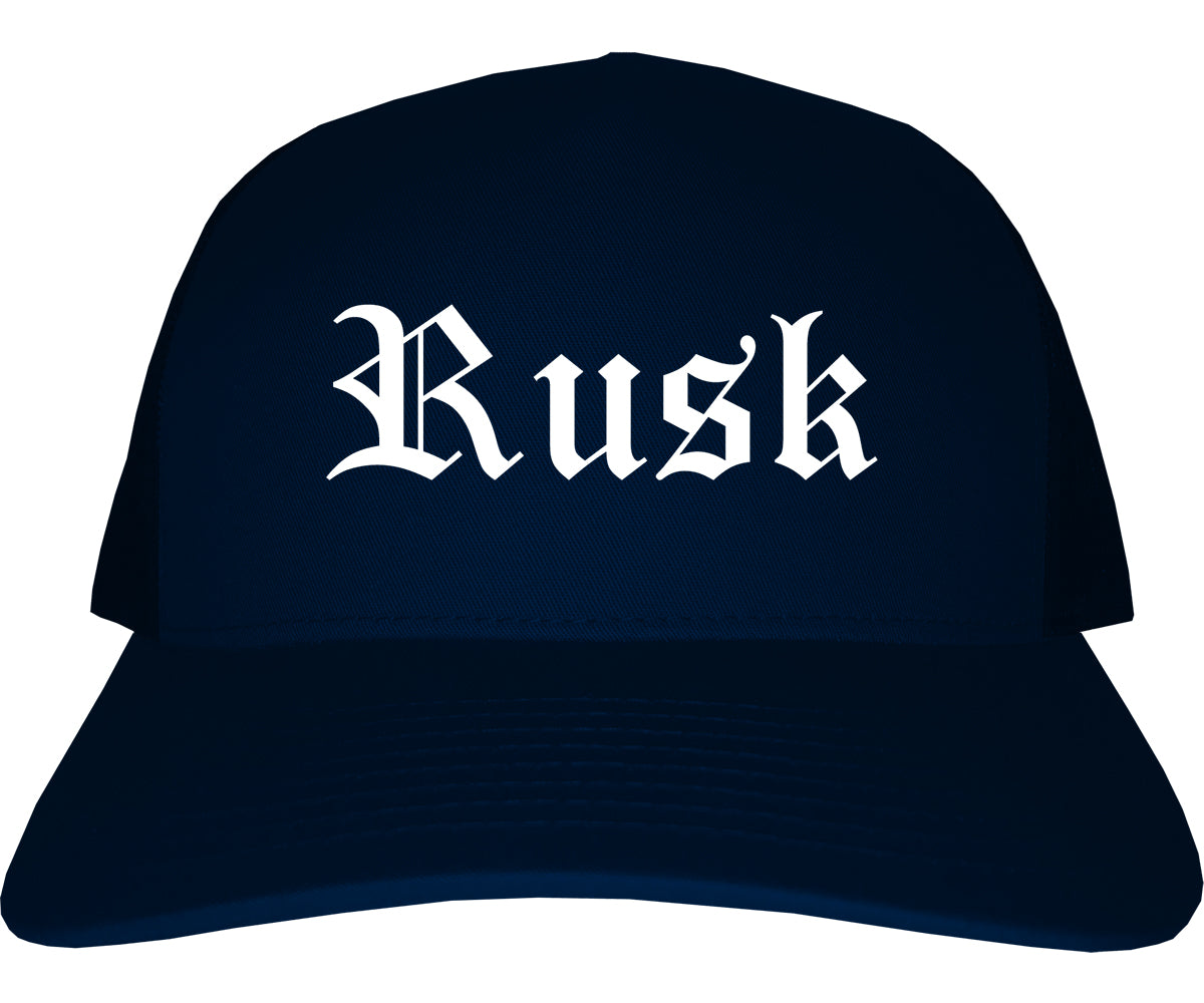 Rusk Texas TX Old English Mens Trucker Hat Cap Navy Blue