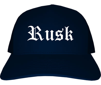 Rusk Texas TX Old English Mens Trucker Hat Cap Navy Blue