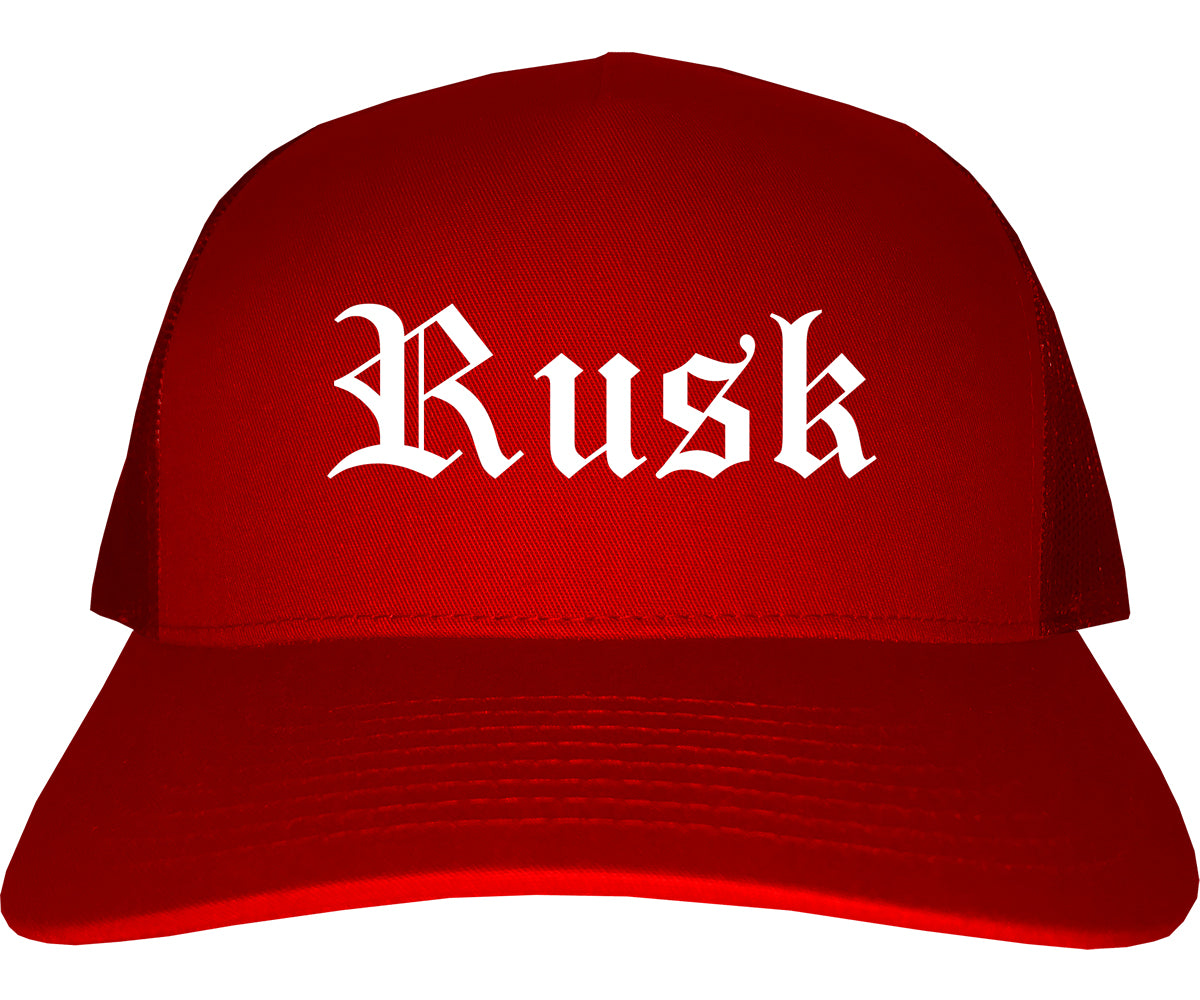 Rusk Texas TX Old English Mens Trucker Hat Cap Red
