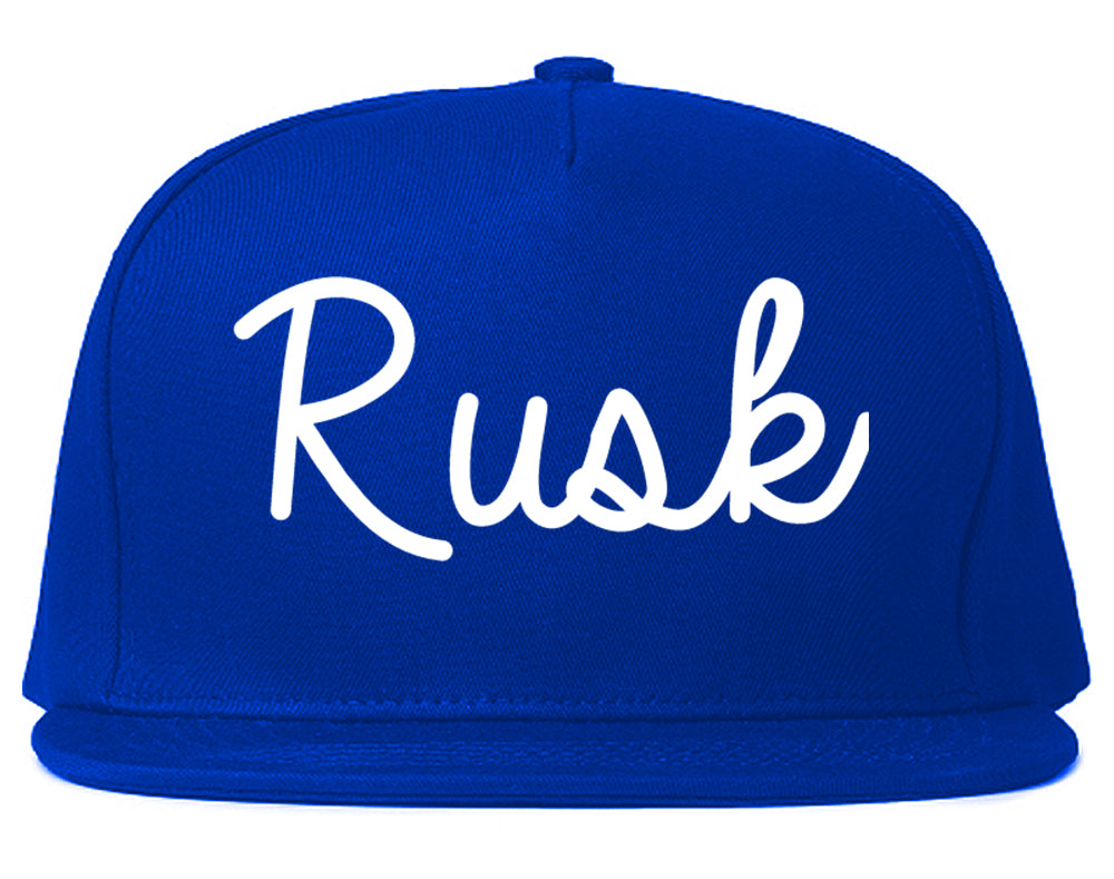Rusk Texas TX Script Mens Snapback Hat Royal Blue