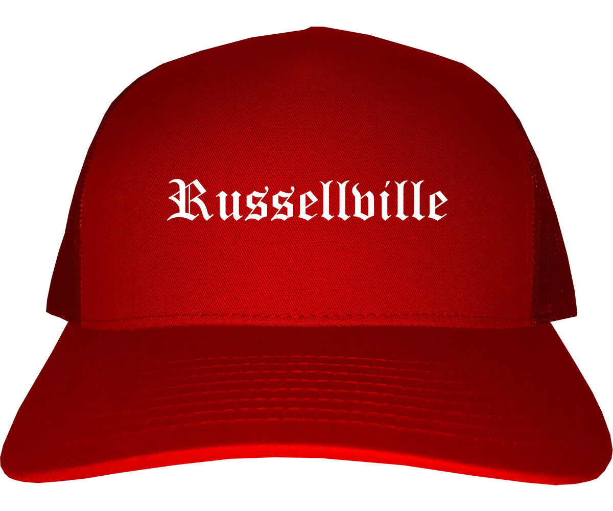 Russellville Arkansas AR Old English Mens Trucker Hat Cap Red