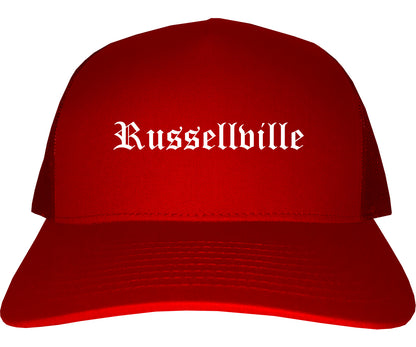 Russellville Arkansas AR Old English Mens Trucker Hat Cap Red