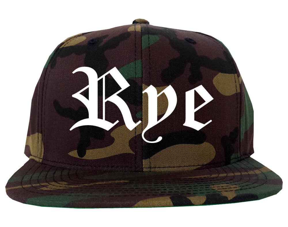 Rye New York NY Old English Mens Snapback Hat Army Camo