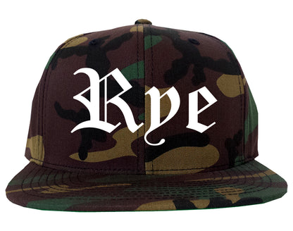 Rye New York NY Old English Mens Snapback Hat Army Camo