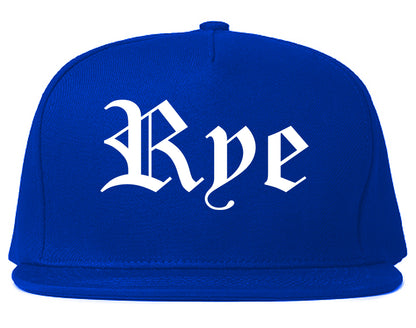 Rye New York NY Old English Mens Snapback Hat Royal Blue