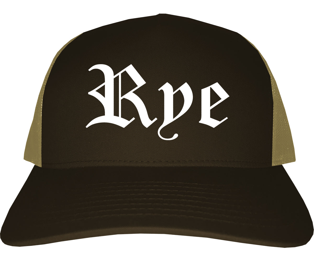 Rye New York NY Old English Mens Trucker Hat Cap Brown