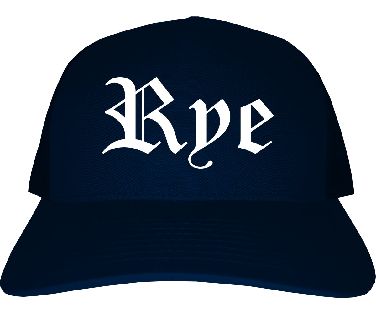 Rye New York NY Old English Mens Trucker Hat Cap Navy Blue