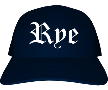 Rye New York NY Old English Mens Trucker Hat Cap Navy Blue