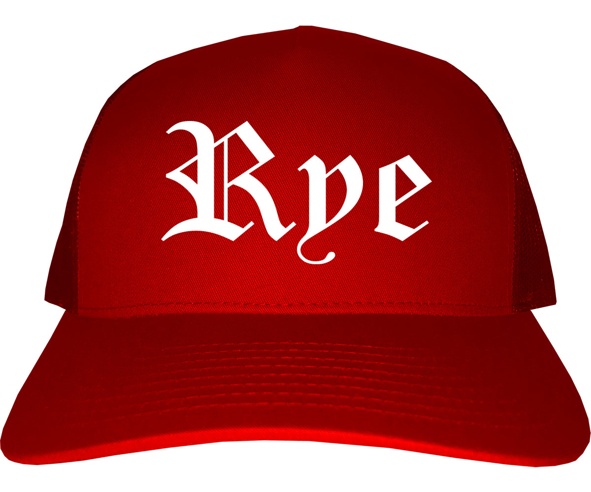 Rye New York NY Old English Mens Trucker Hat Cap Red