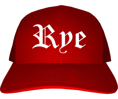Rye New York NY Old English Mens Trucker Hat Cap Red