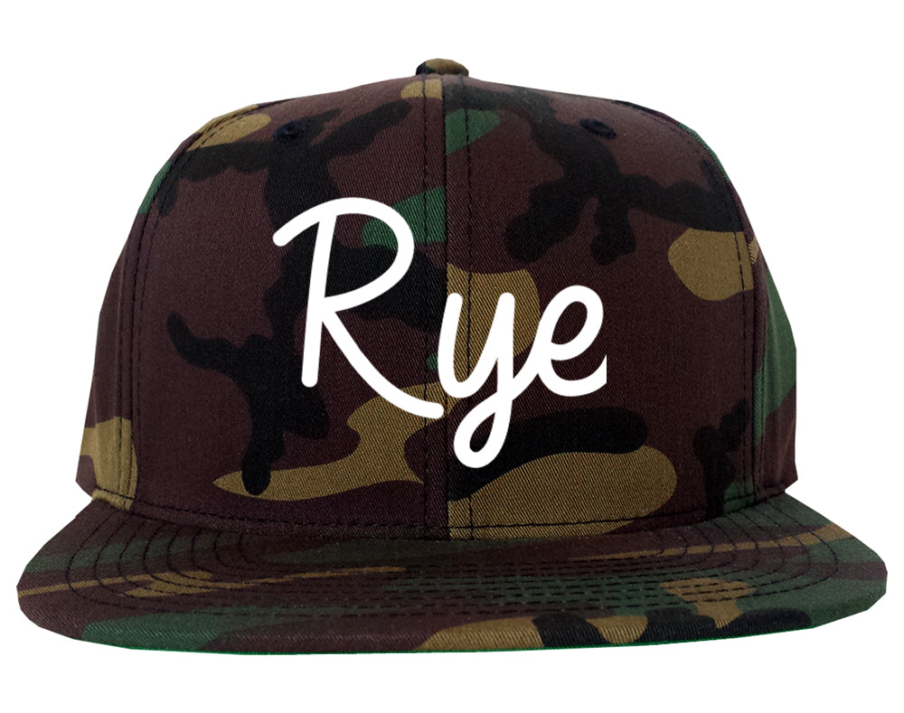 Rye New York NY Script Mens Snapback Hat Army Camo