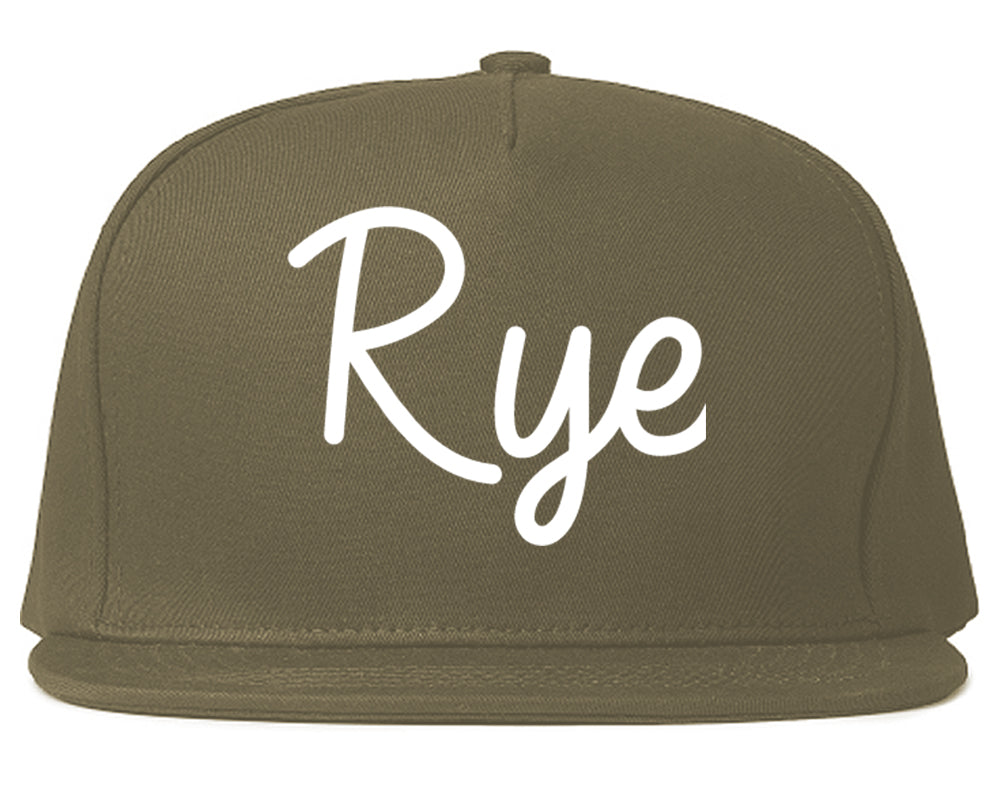 Rye New York NY Script Mens Snapback Hat Grey