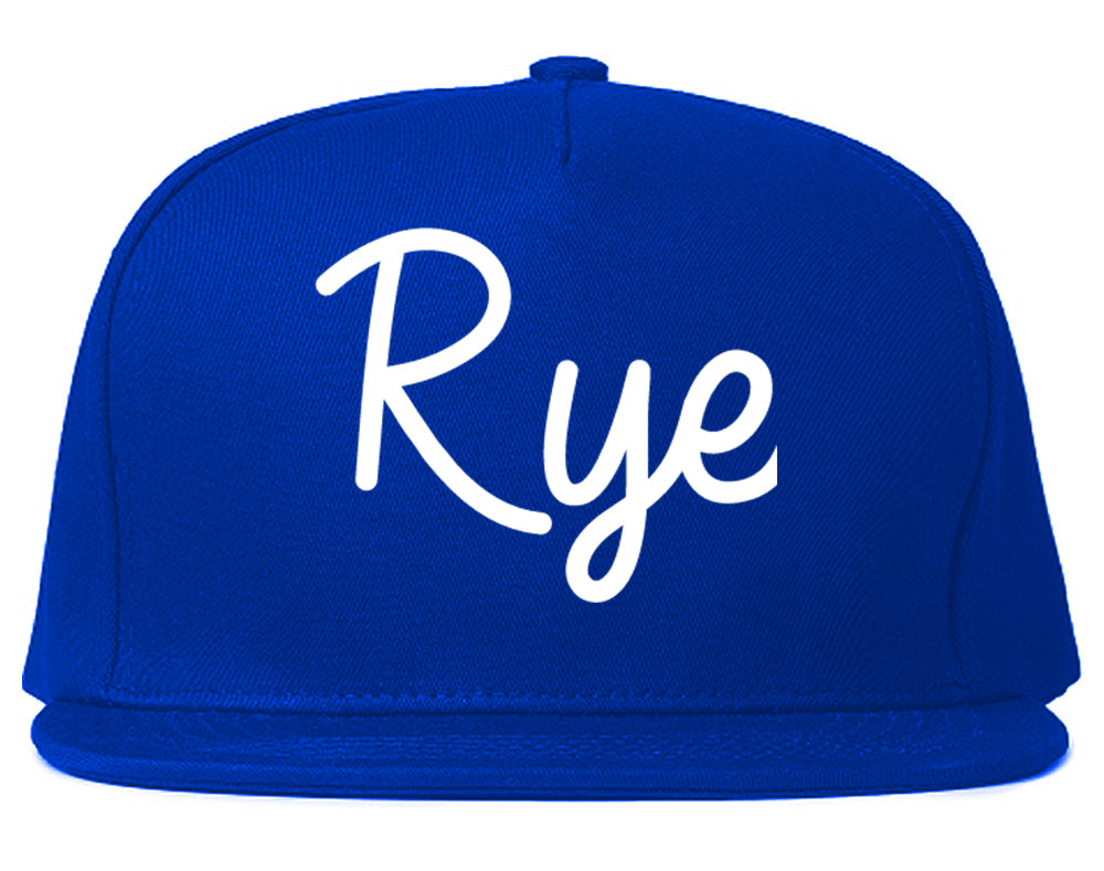 Rye New York NY Script Mens Snapback Hat Royal Blue