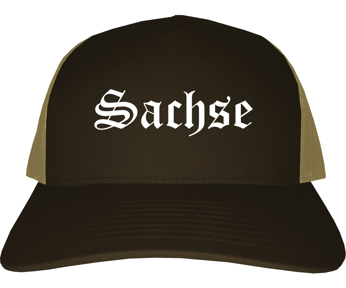Sachse Texas TX Old English Mens Trucker Hat Cap Brown