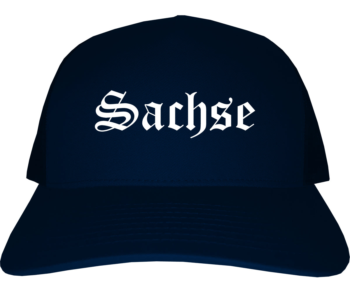 Sachse Texas TX Old English Mens Trucker Hat Cap Navy Blue