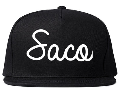 Saco Maine ME Script Mens Snapback Hat Black