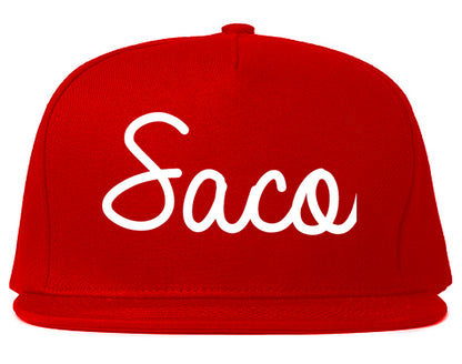 Saco Maine ME Script Mens Snapback Hat Red