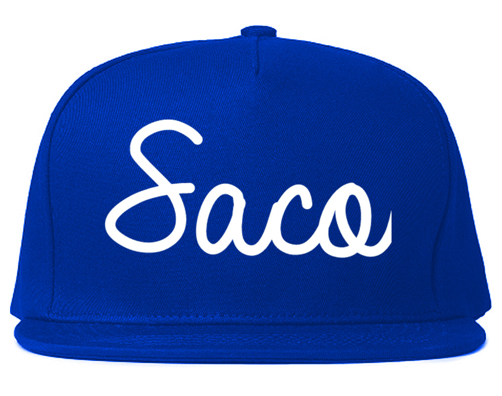 Saco Maine ME Script Mens Snapback Hat Royal Blue
