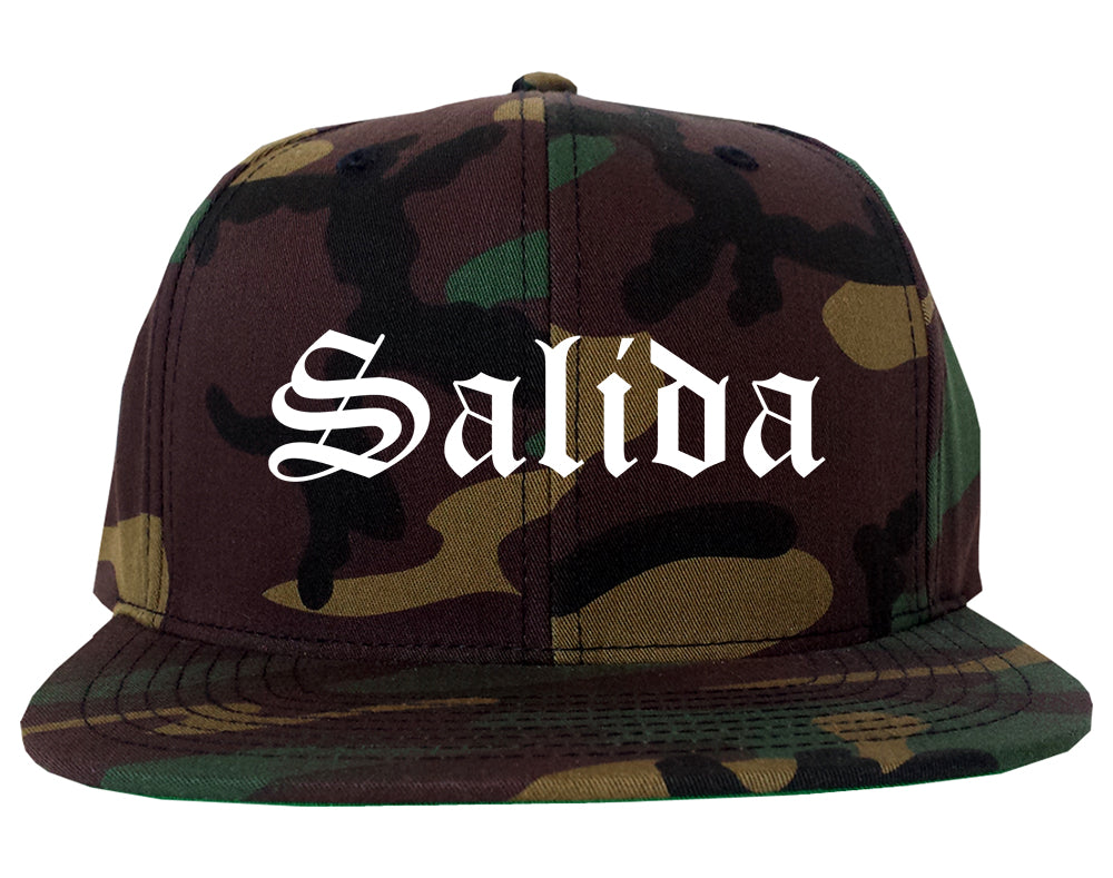 Salida Colorado CO Old English Mens Snapback Hat Army Camo