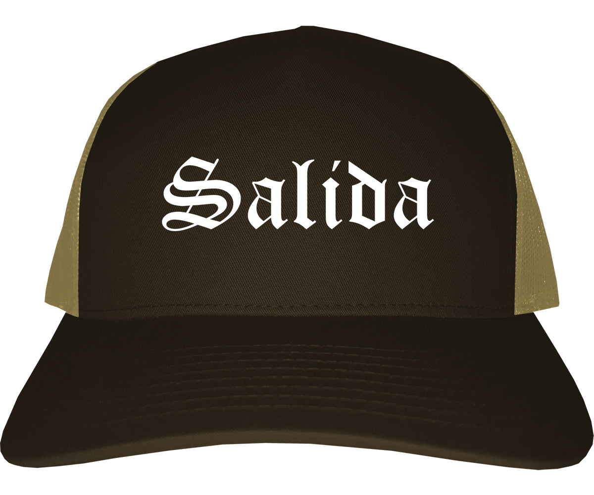 Salida Colorado CO Old English Mens Trucker Hat Cap Brown