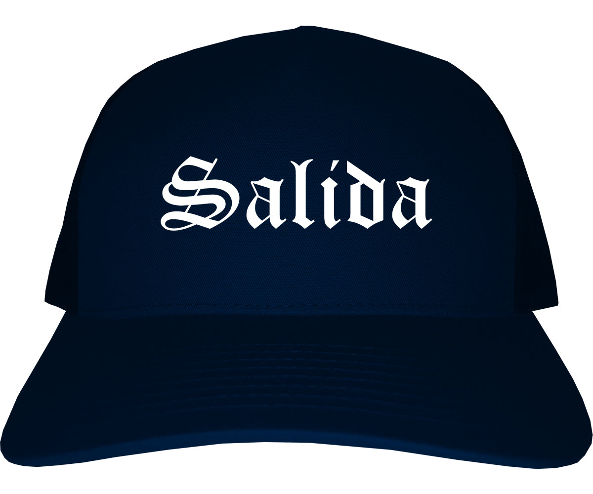 Salida Colorado CO Old English Mens Trucker Hat Cap Navy Blue