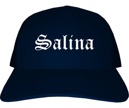 Salina Kansas KS Old English Mens Trucker Hat Cap Navy Blue