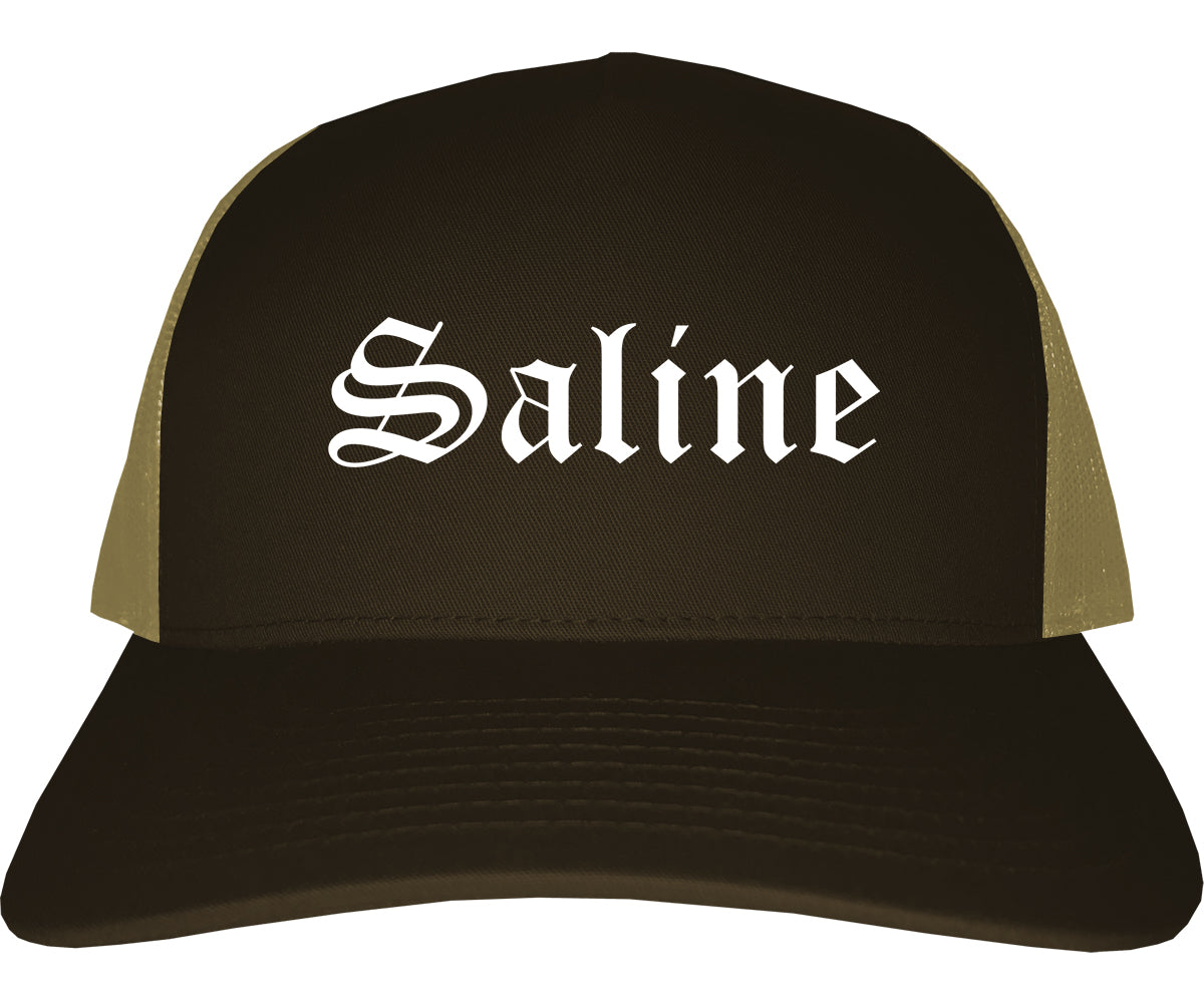 Saline Michigan MI Old English Mens Trucker Hat Cap Brown