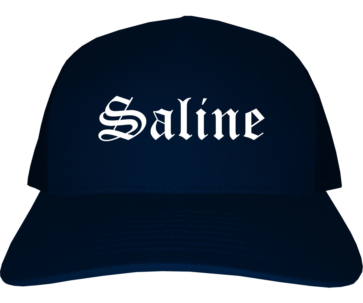 Saline Michigan MI Old English Mens Trucker Hat Cap Navy Blue