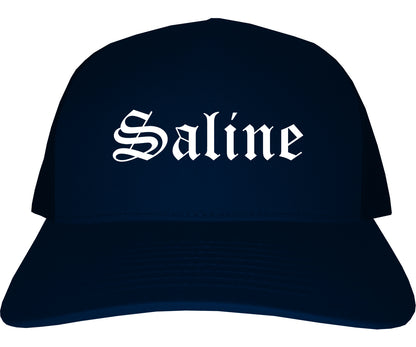 Saline Michigan MI Old English Mens Trucker Hat Cap Navy Blue