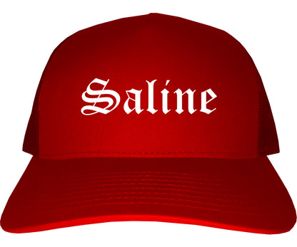 Saline Michigan MI Old English Mens Trucker Hat Cap Red