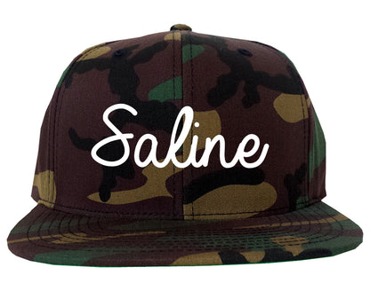 Saline Michigan MI Script Mens Snapback Hat Army Camo