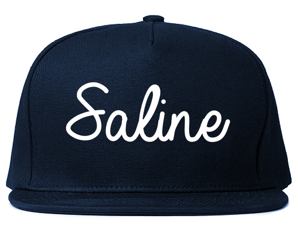 Saline Michigan MI Script Mens Snapback Hat Navy Blue