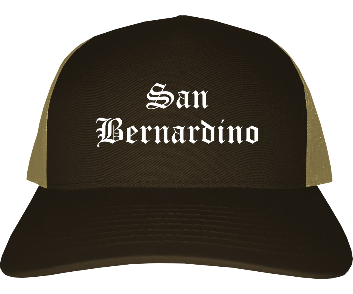 San Bernardino California CA Old English Mens Trucker Hat Cap Brown