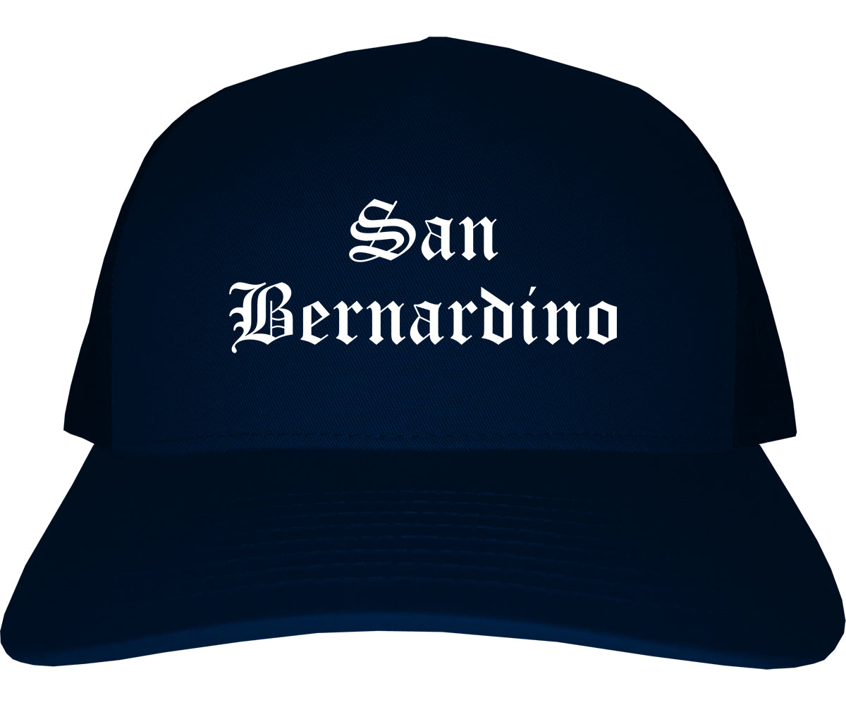 San Bernardino California CA Old English Mens Trucker Hat Cap Navy Blue