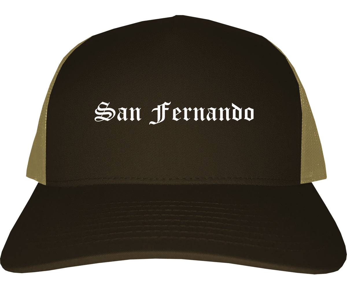 San Fernando California CA Old English Mens Trucker Hat Cap Brown