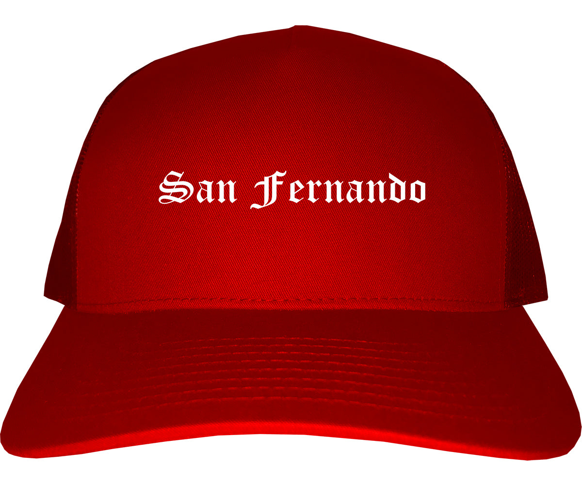 San Fernando California CA Old English Mens Trucker Hat Cap Red