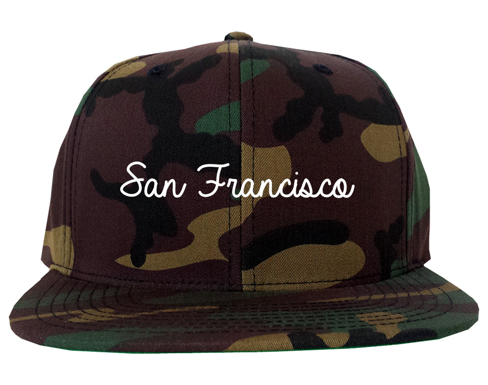 San Francisco California CA Script Mens Snapback Hat Army Camo