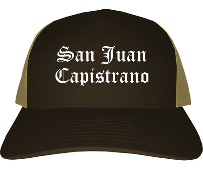 San Juan Capistrano California CA Old English Mens Trucker Hat Cap Brown