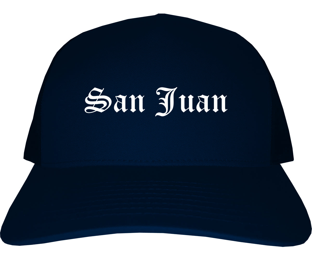 San Juan Texas TX Old English Mens Trucker Hat Cap Navy Blue