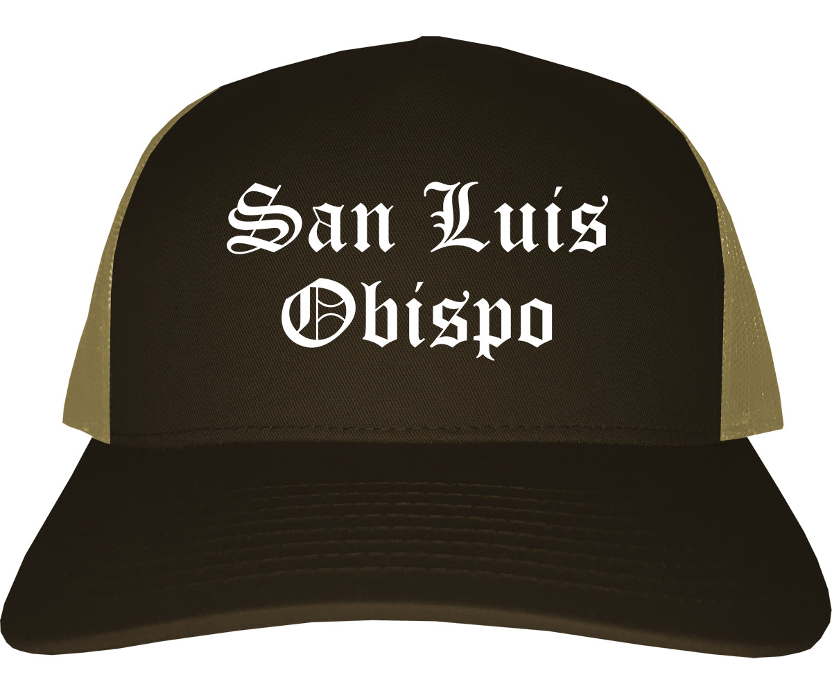 San Luis Obispo California CA Old English Mens Trucker Hat Cap Brown