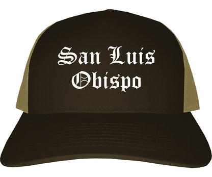 San Luis Obispo California CA Old English Mens Trucker Hat Cap Brown