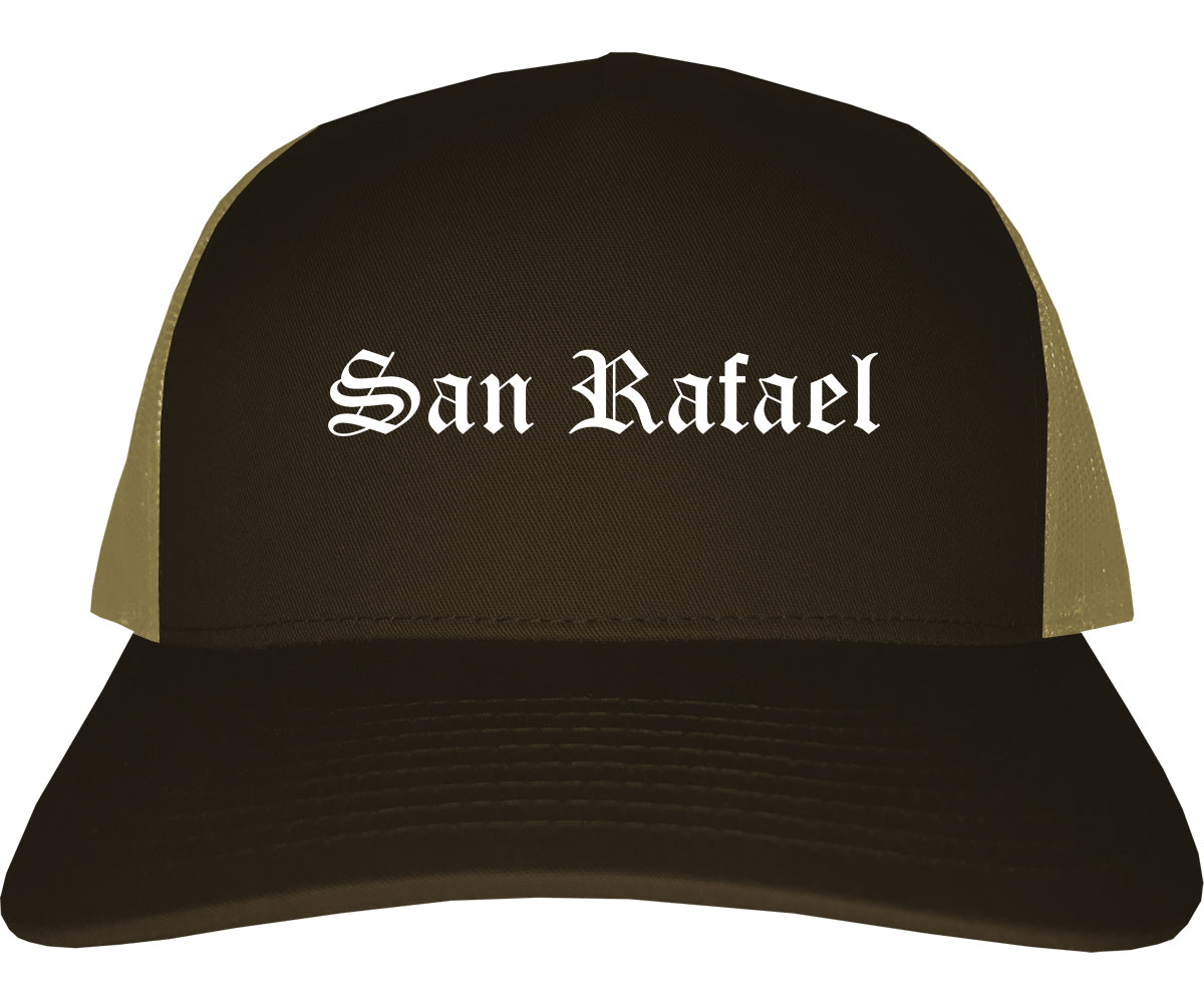 San Rafael California CA Old English Mens Trucker Hat Cap Brown
