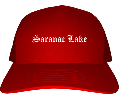 Saranac Lake New York NY Old English Mens Trucker Hat Cap Red