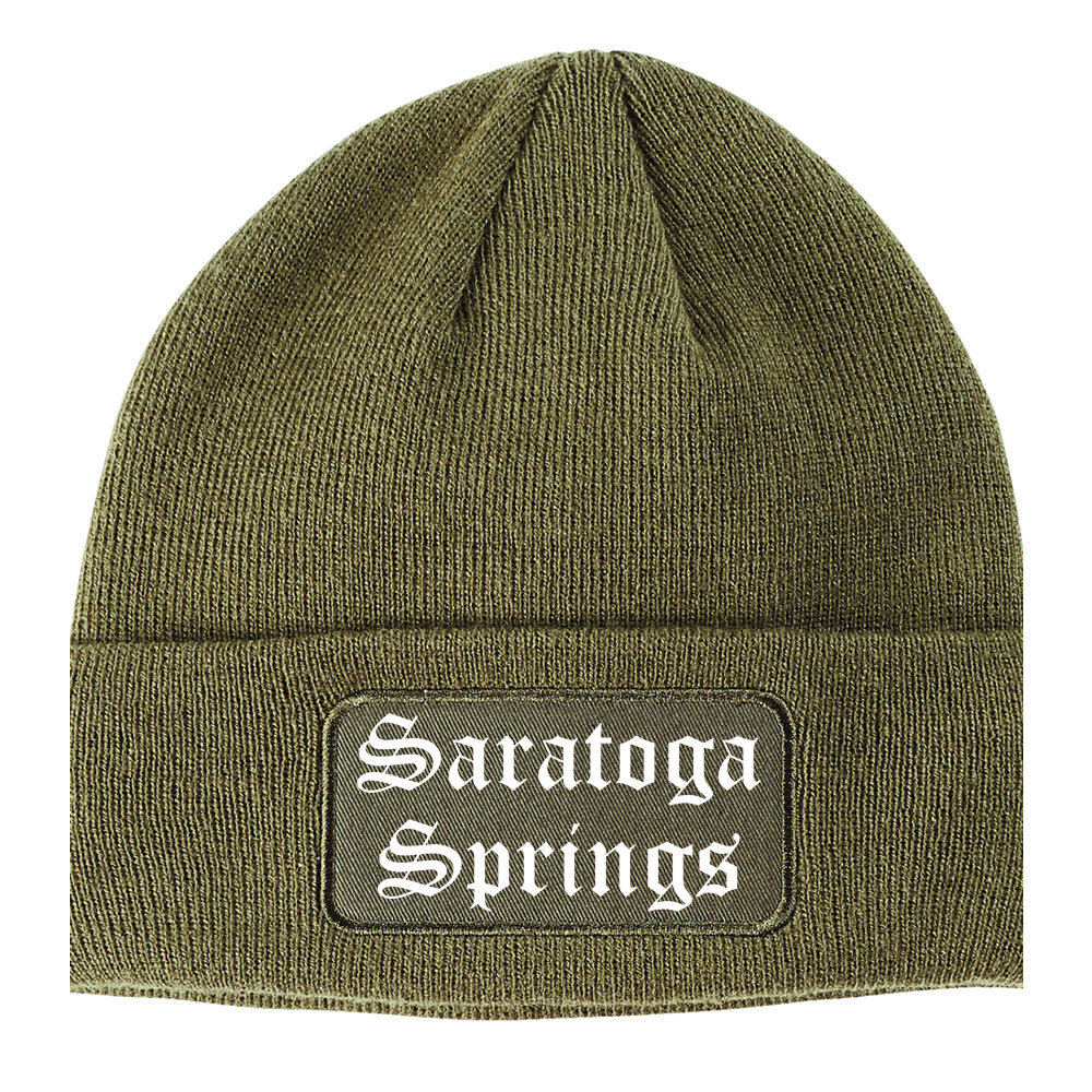 Saratoga Springs New York NY Old English Mens Knit Beanie Hat Cap Olive Green
