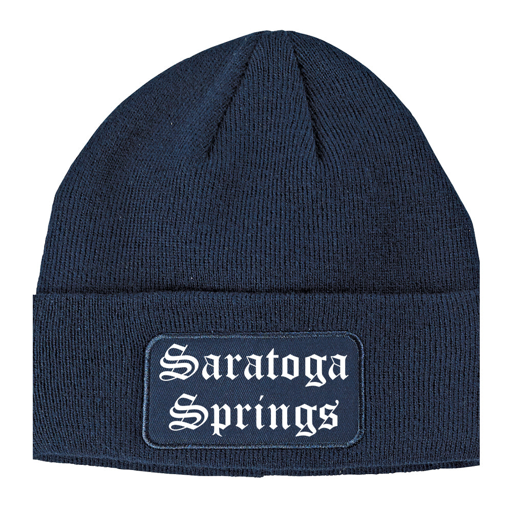 Saratoga Springs New York NY Old English Mens Knit Beanie Hat Cap Navy Blue