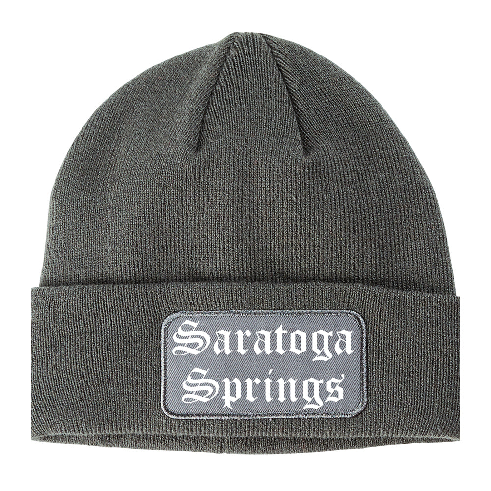 Saratoga Springs New York NY Old English Mens Knit Beanie Hat Cap Grey
