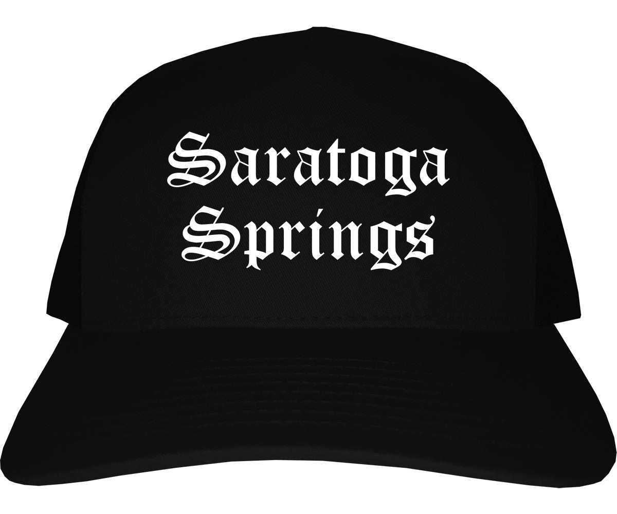 Saratoga Springs New York NY Old English Mens Trucker Hat Cap Black